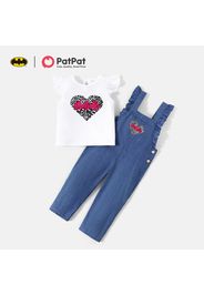 Batman 2pcs Toddler Girl Heart Print Flutter-sleeve White Tee and Ruffled Denim Overalls Set