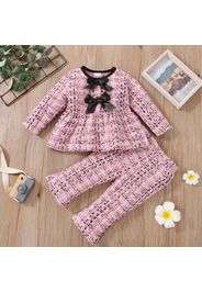 2pcs Baby Pink Tweed Plaid Long-sleeve Bowknot Top and Trousers Set