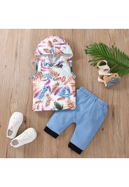 2pcs Baby Boy/Girl All Over Palm Leaf Print Hooded Tank Top and Denim Pants Set