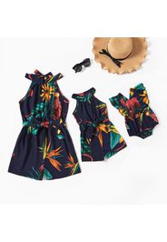 Dark Blue Floral Print Sleeveless Matching Shorts Rompers