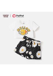 Looney Tunes 2pcs Kid Girl Letter Print Short-sleeve Crop Tee and Floral Print Polka dots Belted Shorts Set