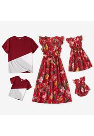 Family Matching All Over Floral Print Red V Neck Flutter Sleeve Dresses and Colorblock Short-sleeve T-shirts Sets