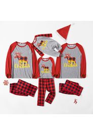 Christmas Reindeer and Letter Print Red Family Matching Raglan Long-sleeve Plaid Pajamas Sets (Flame Resistant)