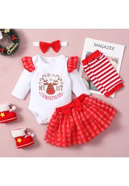 Baby 4pcs Christmas Letter Long-sleeve Romper and Red Plaid Mesh Skirts Set