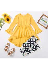 2-piece Kid Girl Bell sleeves Ruffled High Low Solid Top and Floral Polka dots Print Leggings Set