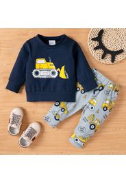 2pcs Baby Boy Excavator Print Dark Blue Long-sleeve Sweatshirt and Trousers Set