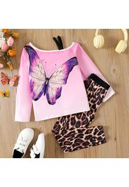 2pcs Kid Girl Butterfly Print One Shoulder Long-sleeve Tee and Leopard/Letter Print Leggings Set