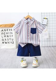 2pcs Toddler Boy Trendy Pocket Design Stripe Shirt and Shorts Set