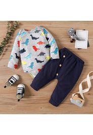 2pcs Baby Boy Allover Colorful Dinosaur Print Long-sleeve Romper and Solid Pants Set