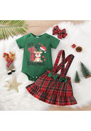 Christmas 3pcs Reindeer and Letter Print Short-sleeve Romper and Plaid Suspender Skirt Set