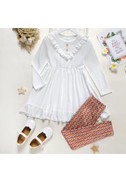 2-piece Kid Girl Ruffled Solid Color Long-sleeve Dress and Allover Print Leggings Set