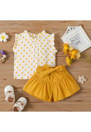 100% Cotton 2pcs Baby Girl Polka Dots Crepe Frill Sleeveless Tank Top and Solid Belted Shorts Set