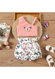 2pcs Baby Girl Butterfly Print Rib Knit One Shoulder Cami Crop Top and Bow Front Shorts Set