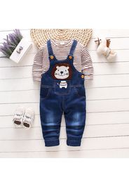 2pcs Toddler Boy Playful Lion Embroidered Denim Overalls and Stripe Long-sleeve Tee Set