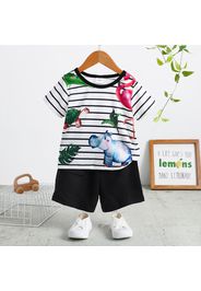 2pcs Toddler Boy Playful Animal Print Stripe Tee and Pocket Design Shorts Set