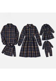 Family Matching Dark Blue Plaid Lapel Long-sleeve Dresses and Shirts Sets