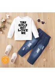 2pcs Baby Boy 95% Cotton Long-sleeve Letter Print Sweatshirt and Ripped Jeans Set