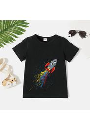 Kid Boy Space Rocket Print Short-sleeve Black Cotton Tee