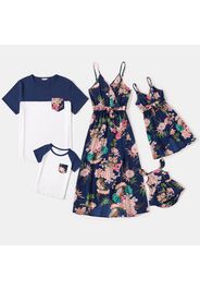 Family Matching Allover Floral Print V Neck Sleeveless Spaghetti Strap Belted Dresses and Colorblock Short-sleeve T-shirts Sets