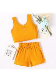 2pcs Kid Girl Solid Color Button Design Waffle Tank Top and Bowknot Design Paperbag Shorts Set