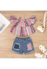 National Day 2pcs Baby Girl Flag Pattern Design Cold Shoulder Sleeveless Ruffle Top and Ripped Shorts Set