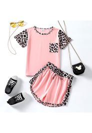 2-piece Kid Girl Leopard Print Colorblock Short-sleeve Tee and Bowknot Design Shorts Set