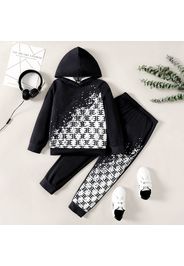 2pcs Kid Boy Letter Print Colorblock Hoodie Sweatshirt and Black Pants Set