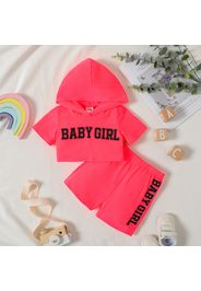 Baby Girl Letter Print Fluorescent Colored Short-sleeve Hooded Crop Top and Shorts Set