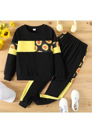 2pcs Kid Girl Floral Sunflower Print Colorblock Pullover Sweatshirt and Elasticized Pants Set