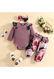 100% Cotton 3pcs Baby Girl Ribbed Long-sleeve Ruffle Romper and Bowknot Floral Print Trousers with Headband Set