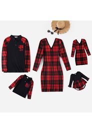 Christmas Red Plaid Family Matching V Neck Long-sleeve Dresses and Splicing Lapel T-shirts Sets