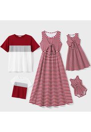 Family Matching Red Striped Sleeveless Dresses and Colorblock Short-sleeve T-shirts Sets