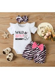 3pcs Baby Girl 95% Cotton Ruffle Short-sleeve Cartoon Giraffe Letter Print Romper and Bowknot Shorts with Headband Set