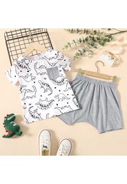 2pcs Toddler Boy Animal Dinosaur Print Short-sleeve Tee and Elasticized Grey Shorts Set