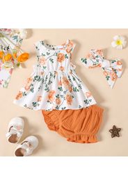 3pcs Baby Girl 100% Cotton Crepe Fill Trim Shorts and Allover Floral Print Tank Dress with Headband Set