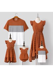 Family Matching Solid Swiss Dot Flutter-sleeve Asymmetric Ruffle Hem Dresses and Short-sleeve Colorblock T-shirts Sets