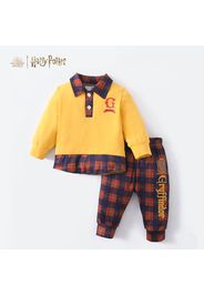 Harry Potter 2pcs Baby Boy Letter Print Yellow Long-sleeve Plaid Faux-two Top and Trousers Set