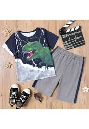 2-piece Kid Boy Animal Dinosaur Print Short-sleeve Tee and Colorblock Shorts Set