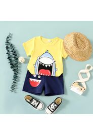 3pcs Toddler Boy Playful Straw Hat & Shark Print Tee and Shorts Set