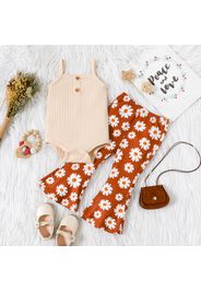 2pcs Baby Girl Ribbed Spaghetti Strap Romper and Allover Daisy Floral Print Flared Pants Set