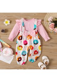 2pcs Baby Girl Rib Knit Ruffle Long-sleeve Top and Bow Front Allover Donut Print Overalls Set