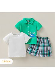 3-Pack Toddler Boy Playful Vehicle Print Polo Shirt & White Tee and Plaid Shorts Set