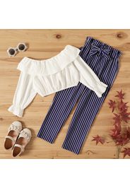 2-piece Kid Girl Off Shoulder Flounce White Blouse and Bowknot Design Stripe Pants Set