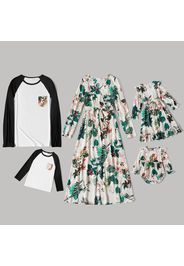 Family Matching Floral Pint Long-sleeve Belted Dresses and Raglan-sleeve T-shirts Sets