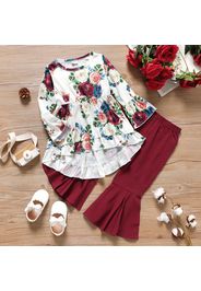 2-piece Toddler Girl Floral Print Bell sleeves Ruffle High Low Top and Red Flared Pants Set