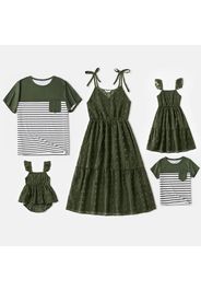 Family Matching Dark Army Green Swiss Dot V Neck Spaghetti Strap Dresses and Striped Splicing T-shirts Sets