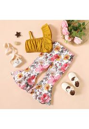 2-piece Toddlrt Girl Ruffled Camisole Tank Top and Floral Print Flared Pants Set