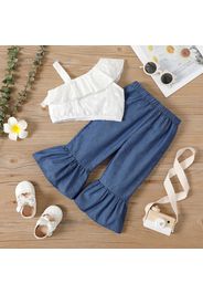 2pcs Baby Girl 100% Cotton Floral Embroidered Sleeveless Ruffle Crop Top and Bell Bottom Pants Set