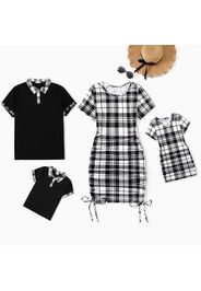 Family Matching Black Plaid Ruched Drawstring Mini Bodycon Dresses and Polo Shirts Sets