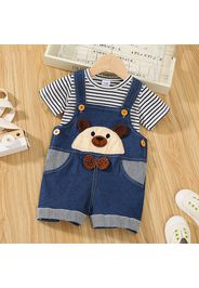 2pcs Baby Boy Embroidered Bear Denim Overalls Shorts and Short-sleeve Striped T-shirt Set